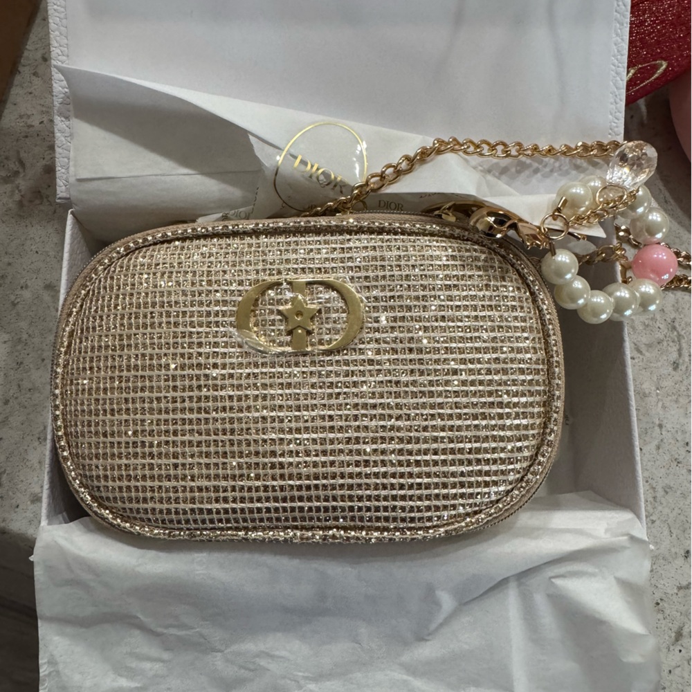 Custom Dior Gold Glitter Pouch Bag with gold strap + Dior Lip Set, Day Cream - Picture 1 of 11